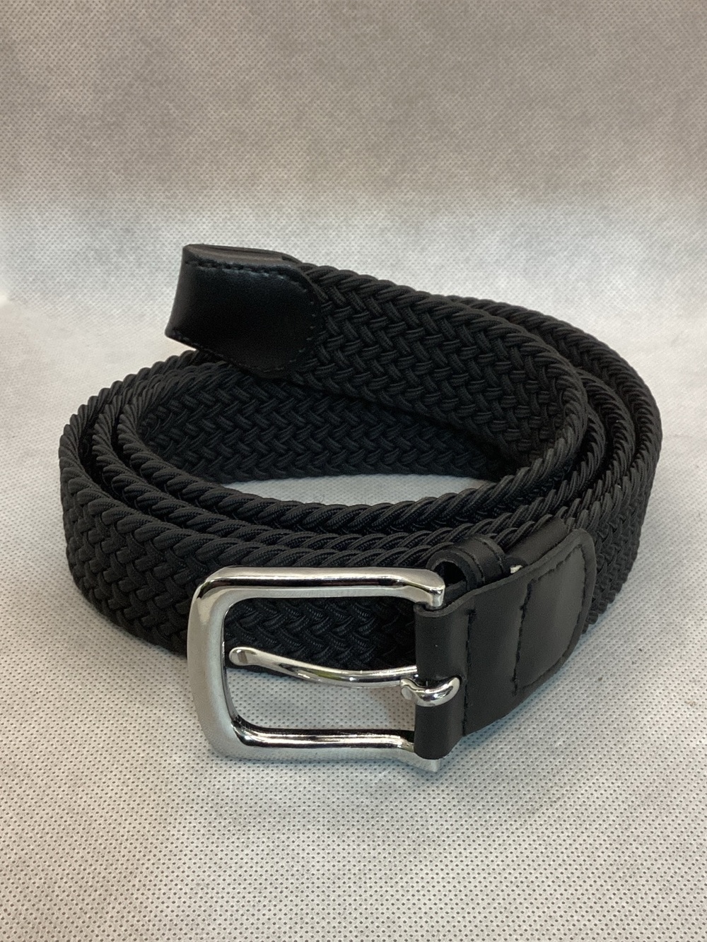 Black Braided Stretch Belt Silver Buckle Woven Elastic Casual Unisex